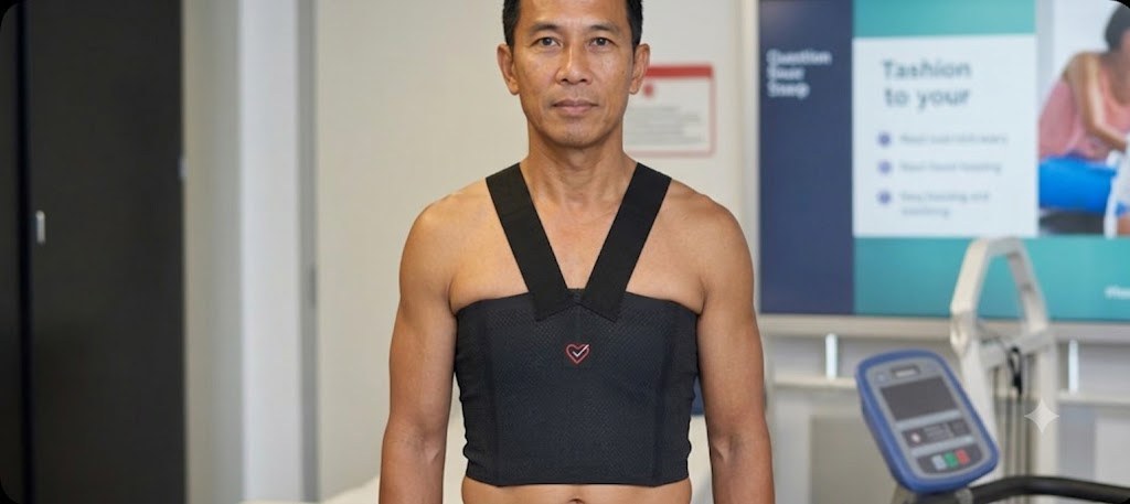 A patient wearing the Ticking Heart vest in a clinic