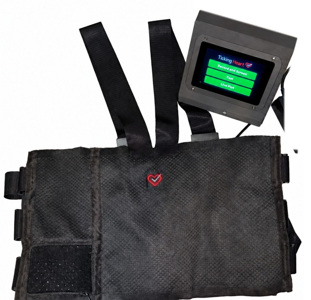 The Ticking Heart vest laid flat with its control unit